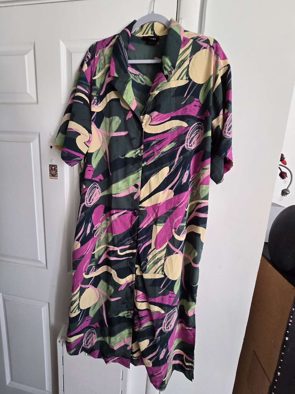 Monkl Abstract Button-Front Midi Dress in Pink, Green & Cream